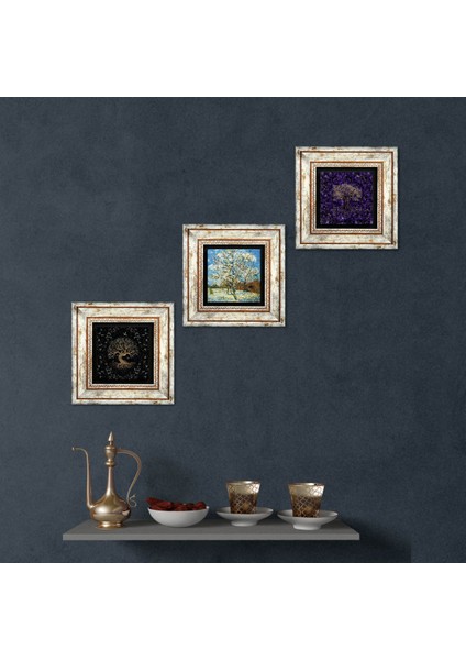 Stone Van Gogh Çiçeklenen Pembe Şeftali Ağacı, Hayat Ağacı Çerçeveli Taş Duvar Tablosu 3’lü Set - Dekoratif Modern Sanat, Ev ve Ofis Dekoru |TK3-1924|