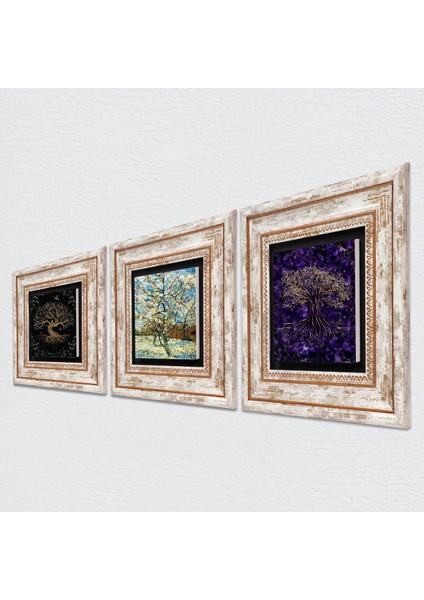 Stone Van Gogh Çiçeklenen Pembe Şeftali Ağacı, Hayat Ağacı Çerçeveli Taş Duvar Tablosu 3’lü Set - Dekoratif Modern Sanat, Ev ve Ofis Dekoru |TK3-1924| fiyatları