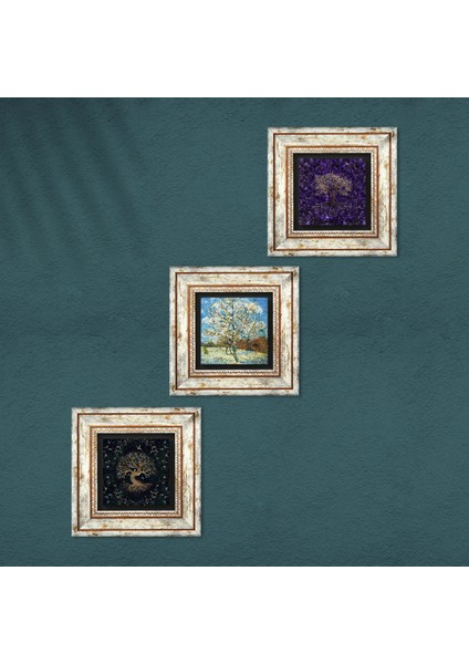 Stone Van Gogh Çiçeklenen Pembe Şeftali Ağacı, Hayat Ağacı Çerçeveli Taş Duvar Tablosu 3’lü Set - Dekoratif Modern Sanat, Ev ve Ofis Dekoru |TK3-1924| fırsatları