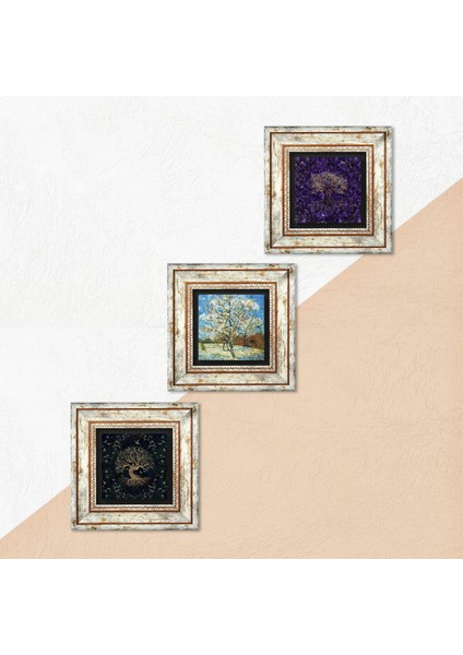 Stone Van Gogh Çiçeklenen Pembe Şeftali Ağacı, Hayat Ağacı Çerçeveli Taş Duvar Tablosu 3’lü Set - Dekoratif Modern Sanat, Ev ve Ofis Dekoru |TK3-1924| indirimleri