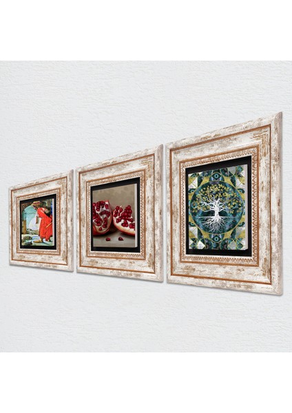 Hayat Ağacı, Kaplumbağa Terbiyecisi, Nar Taş Duvar Tablosu Çerçeveli Duvar Dekoru 3 Parça Tablo Seti Wall Art T3-1562 fiyatları
