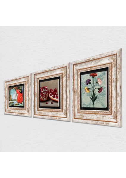 Ebru Sanatı, Kaplumbağa Terbiyecisi, Nar Taş Duvar Tablosu Çerçeveli Duvar Dekoru 3 Parça Tablo Seti Wall Art T3-1564