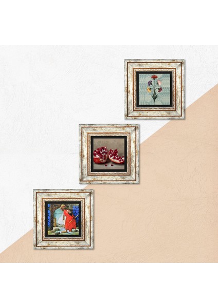 Ebru Sanatı, Kaplumbağa Terbiyecisi, Nar Taş Duvar Tablosu Çerçeveli Duvar Dekoru 3 Parça Tablo Seti Wall Art T3-1564