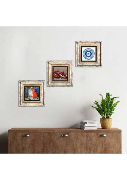 Nazar, Kaplumbağa Terbiyecisi, Nar Taş Duvar Tablosu Çerçeveli Duvar Dekoru 3 Parça Tablo Seti Wall Art T3-1566