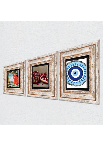 Nazar, Kaplumbağa Terbiyecisi, Nar Taş Duvar Tablosu Çerçeveli Duvar Dekoru 3 Parça Tablo Seti Wall Art T3-1566