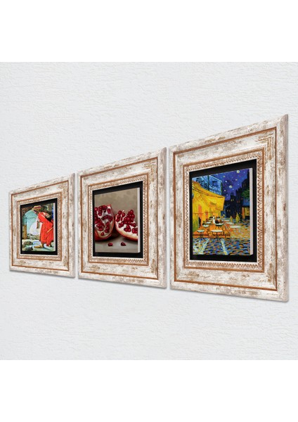 Van Gogh Kafe Terasta Gece, Kaplumbağa Terbiyecisi, Nar Taş Duvar Tablosu Çerçeveli Duvar Dekoru 3 Parça Tablo Seti Wall Art T3-1574