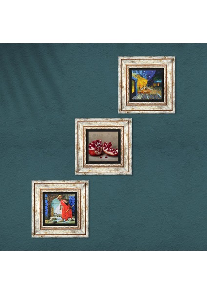 Van Gogh Kafe Terasta Gece, Kaplumbağa Terbiyecisi, Nar Taş Duvar Tablosu Çerçeveli Duvar Dekoru 3 Parça Tablo Seti Wall Art T3-1574