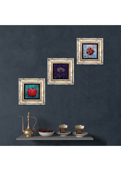 Hayat Ağacı, Nar Taş Duvar Tablosu Çerçeveli Duvar Dekoru 3 Parça Tablo Seti Wall Art T3-1901