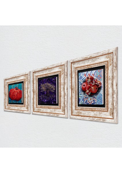 Hayat Ağacı, Nar Taş Duvar Tablosu Çerçeveli Duvar Dekoru 3 Parça Tablo Seti Wall Art T3-1901
