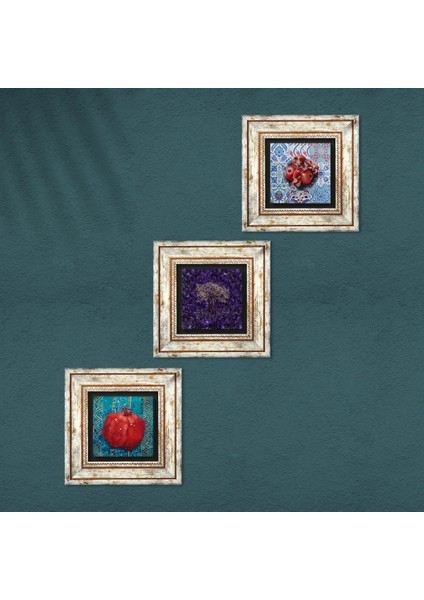 Hayat Ağacı, Nar Taş Duvar Tablosu Çerçeveli Duvar Dekoru 3 Parça Tablo Seti Wall Art T3-1901