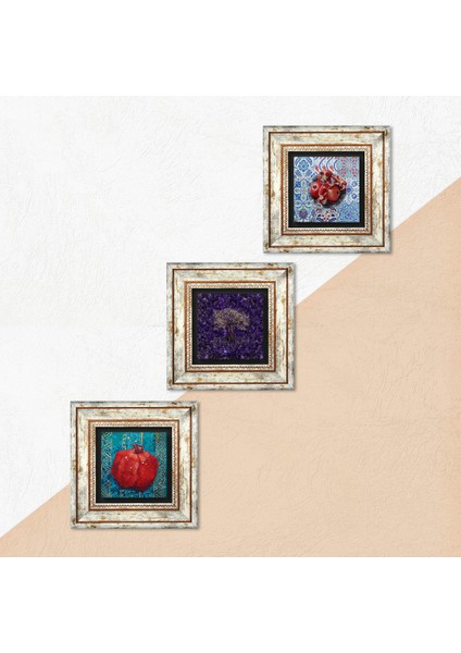Hayat Ağacı, Nar Taş Duvar Tablosu Çerçeveli Duvar Dekoru 3 Parça Tablo Seti Wall Art T3-1901