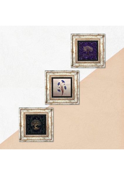 Ebru Sanatı, Hayat Ağacı Taş Duvar Tablosu Çerçeveli Duvar Dekoru 3 Parça Tablo Seti Wall Art T3-1920
