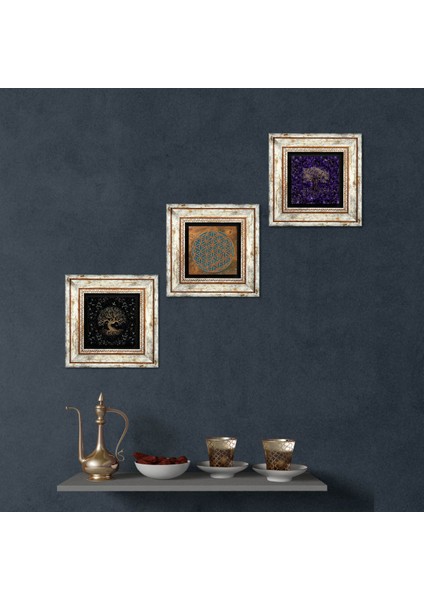 Yaşam Çiçeği, Hayat Ağacı Taş Duvar Tablosu Çerçeveli Duvar Dekoru 3 Parça Tablo Seti Wall Art T3-1921