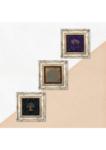 Yaşam Çiçeği, Hayat Ağacı Taş Duvar Tablosu Çerçeveli Duvar Dekoru 3 Parça Tablo Seti Wall Art T3-1921 indirimleri
