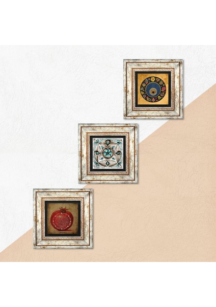 Nazar Boncuğu, Bereket Duası, Çini Sanatı Çerçeveli Taş Duvar Tablosu 3’lü Set - Dekoratif Modern Sanat, Ev ve Ofis Dekoru |TK3-273| indirimleri
