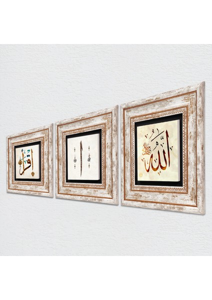 Elif, İlk Ayet 'Oku', Allah Lafzı Taş Duvar Tablosu Çerçeveli Duvar Dekoru 3 Parça Tablo Seti Wall Art T3-276 fiyatları
