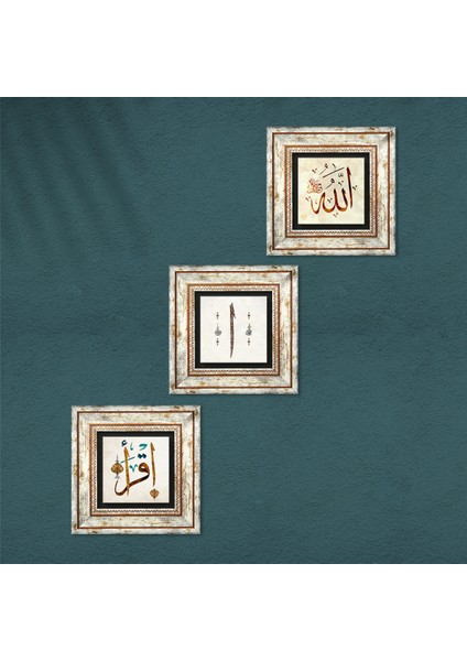 Elif, İlk Ayet 'Oku', Allah Lafzı Taş Duvar Tablosu Çerçeveli Duvar Dekoru 3 Parça Tablo Seti Wall Art T3-276 fırsatları