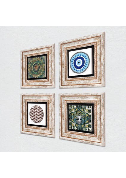 Nazar, Hayat Ağacı, Mandala, Yaşam Çiçeği Taş Duvar Tablosu Çerçeveli Duvar Dekoru 4 Parça Tablo Seti Wall Art T4-1003