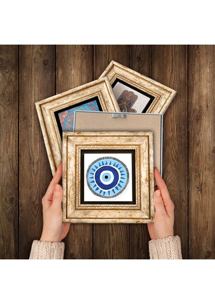 Nazar, Hayat Ağacı, Mandala, Yaşam Çiçeği Taş Duvar Tablosu Çerçeveli Duvar Dekoru 4 Parça Tablo Seti Wall Art T4-1003