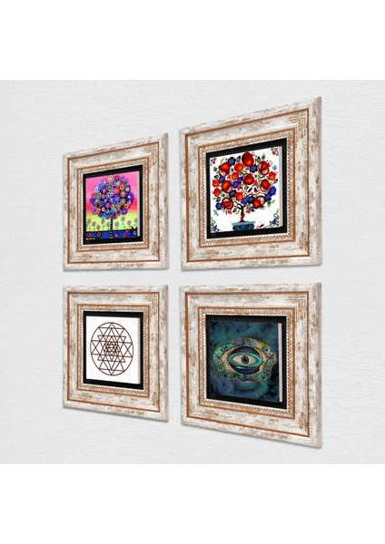 Stone Nazar, Sri Yantra, Hayat Ağacı, Nar Ağacı Çerçeveli Taş Duvar Tablosu 4’lü Set - Dekoratif Modern Sanat, Ev ve Ofis Dekoru |TK4-1008| fiyatları