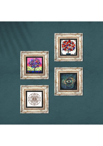 Stone Nazar, Sri Yantra, Hayat Ağacı, Nar Ağacı Çerçeveli Taş Duvar Tablosu 4’lü Set - Dekoratif Modern Sanat, Ev ve Ofis Dekoru |TK4-1008| fırsatları