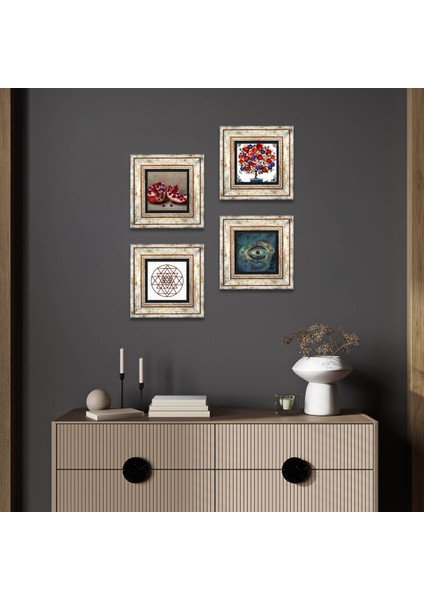 Stone Nazar, Sri Yantra, Nar, Nar Ağacı Çerçeveli Taş Duvar Tablosu 4’lü Set - Dekoratif Modern Sanat, Ev ve Ofis Dekoru |TK4-1010|