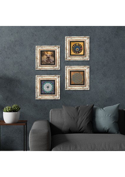 Yaşam Çiçeği, Semazen, İhlas Suresi, Nazar Taş Duvar Tablosu Çerçeveli Duvar Dekoru 4 Parça Tablo Seti Wall Art T4-649