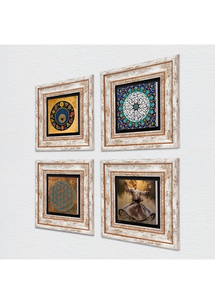 Yaşam Çiçeği, Semazen, İhlas Suresi, Nazar Taş Duvar Tablosu Çerçeveli Duvar Dekoru 4 Parça Tablo Seti Wall Art T4-649