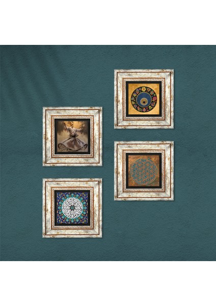 Yaşam Çiçeği, Semazen, İhlas Suresi, Nazar Taş Duvar Tablosu Çerçeveli Duvar Dekoru 4 Parça Tablo Seti Wall Art T4-649