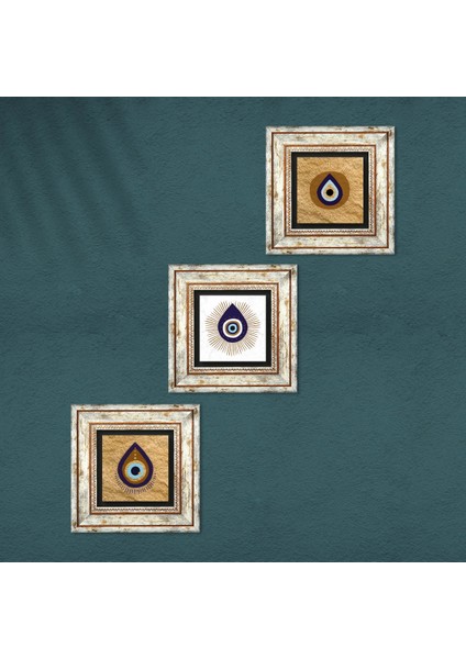 Stone Nazar Çerçeveli Taş Duvar Tablosu 3’lü Set - Dekoratif Modern Sanat, Ev ve Ofis Dekoru |TK3-1736| fırsatları