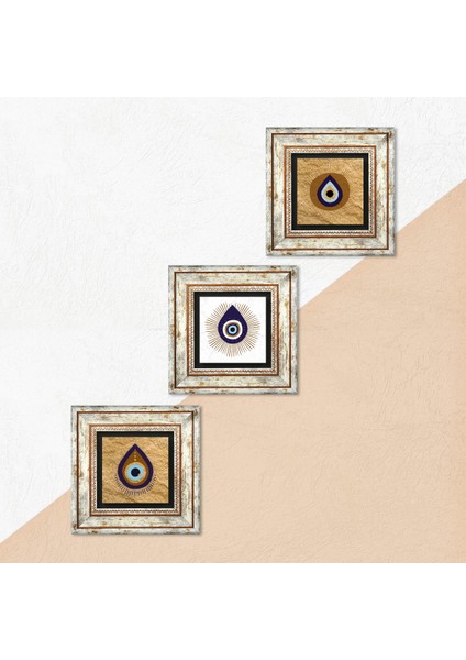 Stone Nazar Çerçeveli Taş Duvar Tablosu 3’lü Set - Dekoratif Modern Sanat, Ev ve Ofis Dekoru |TK3-1736| indirimleri