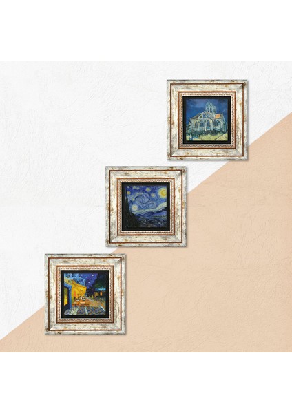 Van Gogh Kilise, Kafe Terasta Gece, Yıldızlı Gece Taş Duvar Tablosu Çerçeveli Duvar Dekoru 3 Parça Tablo Seti Wall Art T3-480