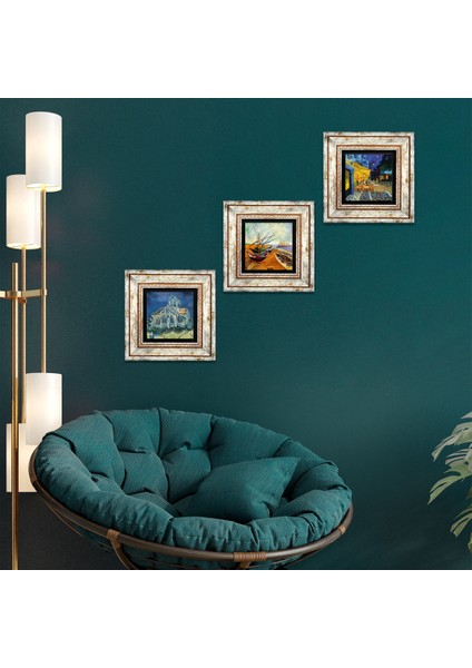 Van Gogh Kilise, Kafe Terasta Gece, Balıkçı Tekneleri Çerçeveli Taş Duvar Tablosu 3’lü Set - Dekoratif Modern Sanat, Ev ve Ofis Dekoru |TK3-483|