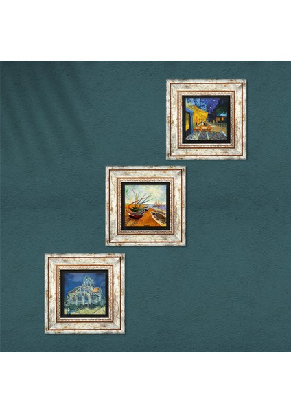 Van Gogh Kilise, Kafe Terasta Gece, Balıkçı Tekneleri Çerçeveli Taş Duvar Tablosu 3’lü Set - Dekoratif Modern Sanat, Ev ve Ofis Dekoru |TK3-483| fırsatları