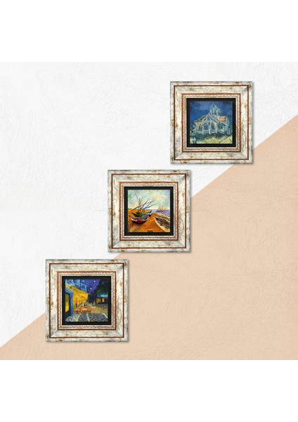 Van Gogh Kilise, Kafe Terasta Gece, Balıkçı Tekneleri Çerçeveli Taş Duvar Tablosu 3’lü Set - Dekoratif Modern Sanat, Ev ve Ofis Dekoru |TK3-483| indirimleri