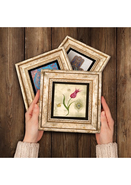 Lale Ebru Sanatı, Elif, Bereket Duası Taş Duvar Tablosu Çerçeveli Duvar Dekoru 3 Parça Tablo Seti Wall Art T3-642