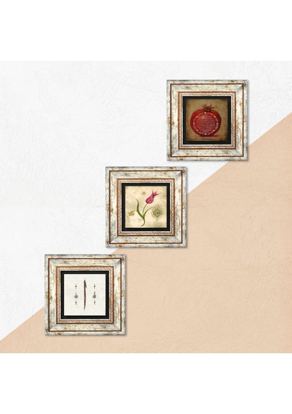 Lale Ebru Sanatı, Elif, Bereket Duası Taş Duvar Tablosu Çerçeveli Duvar Dekoru 3 Parça Tablo Seti Wall Art T3-642