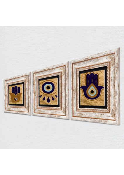 Stone Fatma Ana Eli (Hamsa), Nazar Çerçeveli Taş Duvar Tablosu 3’lü Set - Dekoratif Modern Sanat, Ev ve Ofis Dekoru |TK3-1727| fiyatları