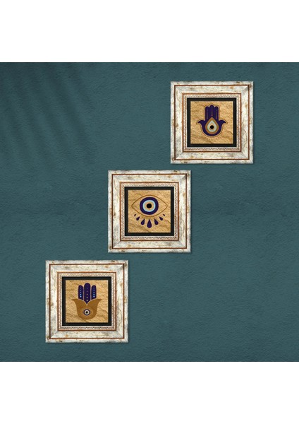 Stone Fatma Ana Eli (Hamsa), Nazar Çerçeveli Taş Duvar Tablosu 3’lü Set - Dekoratif Modern Sanat, Ev ve Ofis Dekoru |TK3-1727| fırsatları