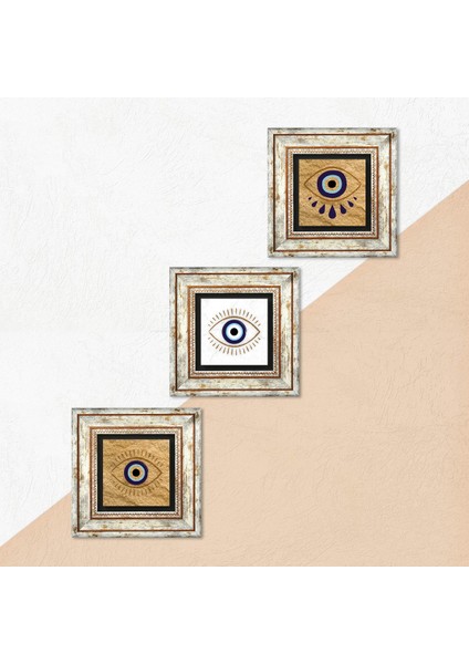 Stone Nazar Çerçeveli Taş Duvar Tablosu 3’lü Set - Dekoratif Modern Sanat, Ev ve Ofis Dekoru |TK3-1739| indirimleri