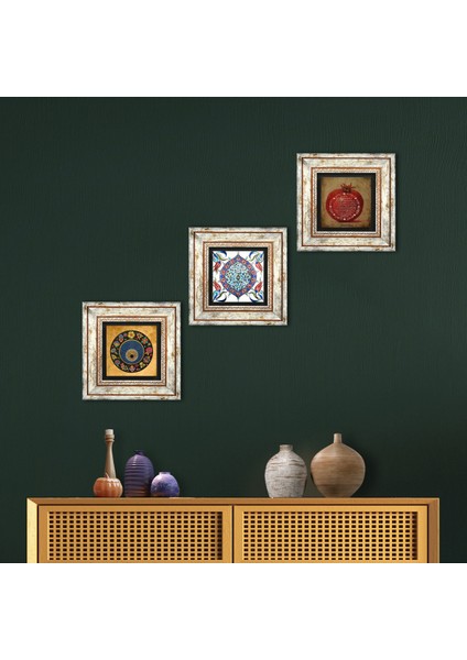 Stone Nazar Boncuğu, Bereket Duası, Çini Sanatı Çerçeveli Taş Duvar Tablosu 3’lü Set - Dekoratif Modern Sanat, Ev ve Ofis Dekoru |TK3-277|