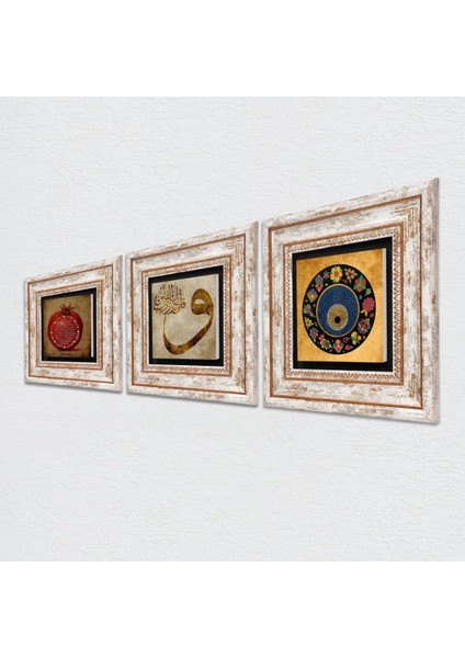 Vav, Nazar Boncuğu, Bereket Duası Çerçeveli Taş Duvar Tablosu 3’lü Set - Dekoratif Modern Sanat, Ev ve Ofis Dekoru |TK3-287| fiyatları