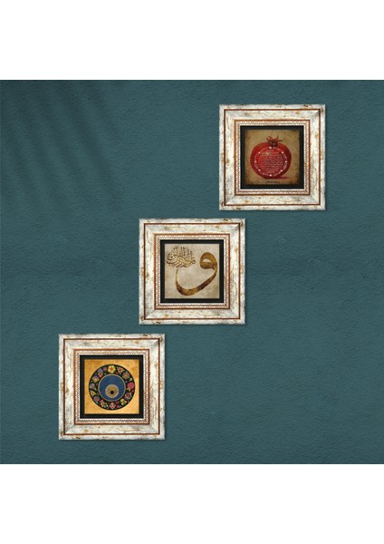 Vav, Nazar Boncuğu, Bereket Duası Çerçeveli Taş Duvar Tablosu 3’lü Set - Dekoratif Modern Sanat, Ev ve Ofis Dekoru |TK3-287| fırsatları