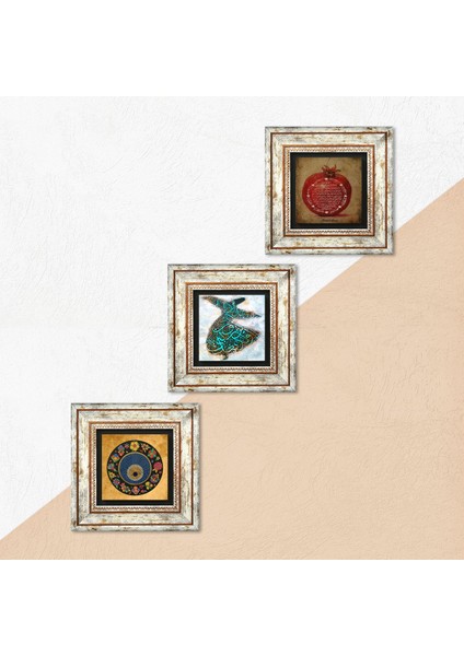 Semazen, Nazar Boncuğu, Bereket Duası Taş Duvar Tablosu Çerçeveli Duvar Dekoru 3 Parça Tablo Seti Wall Art T3-289