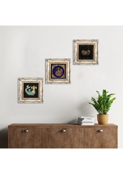 Horus'un Gözü, Tavus Kuşu, Şahmeran Taş Duvar Tablosu Çerçeveli Duvar Dekoru 3 Parça Tablo Seti Wall Art T3-454