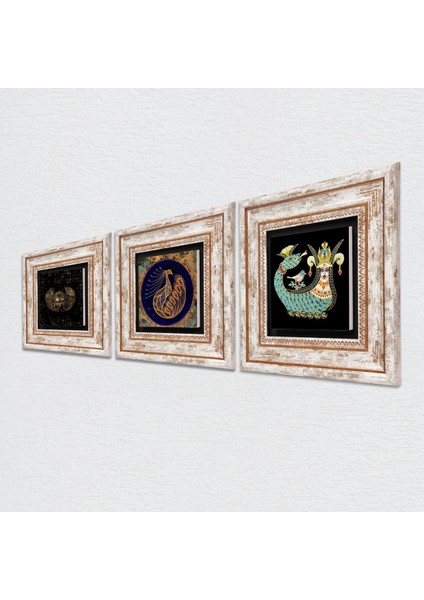 Horus'un Gözü, Tavus Kuşu, Şahmeran Taş Duvar Tablosu Çerçeveli Duvar Dekoru 3 Parça Tablo Seti Wall Art T3-454