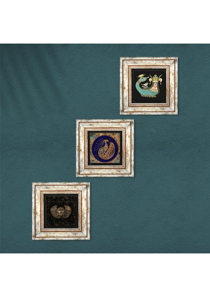 Horus'un Gözü, Tavus Kuşu, Şahmeran Taş Duvar Tablosu Çerçeveli Duvar Dekoru 3 Parça Tablo Seti Wall Art T3-454