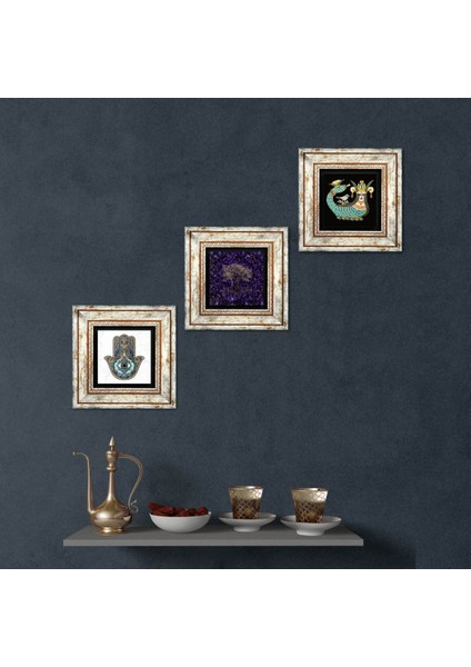 Hayat Ağacı, Şahmeran, Fatma Ana Eli (Hamsa) Çerçeveli Taş Duvar Tablosu 3’lü Set - Dekoratif Modern Sanat, Ev ve Ofis Dekoru |TK3-1903|
