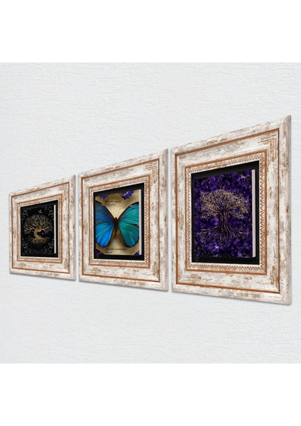 Stone Kelebek, Hayat Ağacı Çerçeveli Taş Duvar Tablosu 3’lü Set - Dekoratif Modern Sanat, Ev ve Ofis Dekoru |TK3-1926| fiyatları