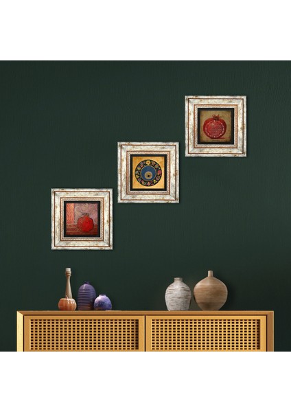 Nazar Boncuğu, Nar, Bereket Duası Taş Duvar Tablosu Çerçeveli Duvar Dekoru 3 Parça Tablo Seti Wall Art T3-280